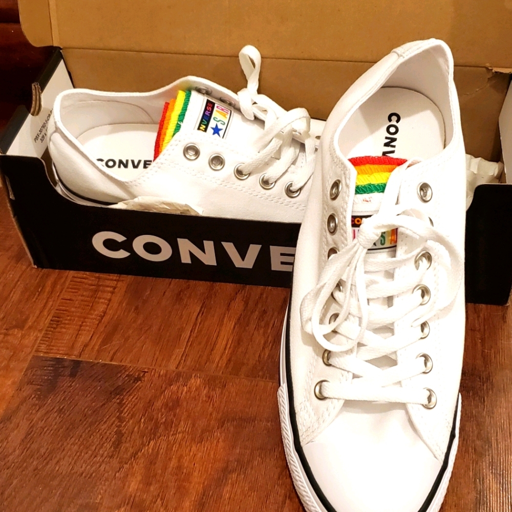 White and Rainbow Tongue Low Top Converse